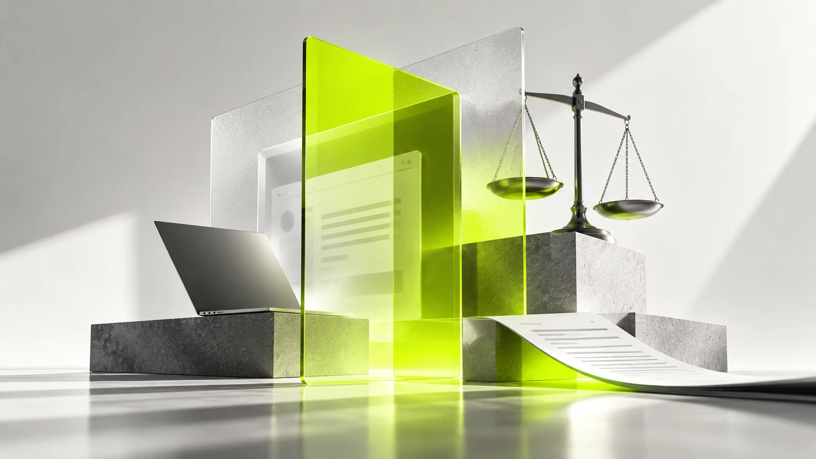 Balanza de justicia, un computador y un documento sobre bloques de concreto, junto a paneles de vidrio y un panel verde lima.