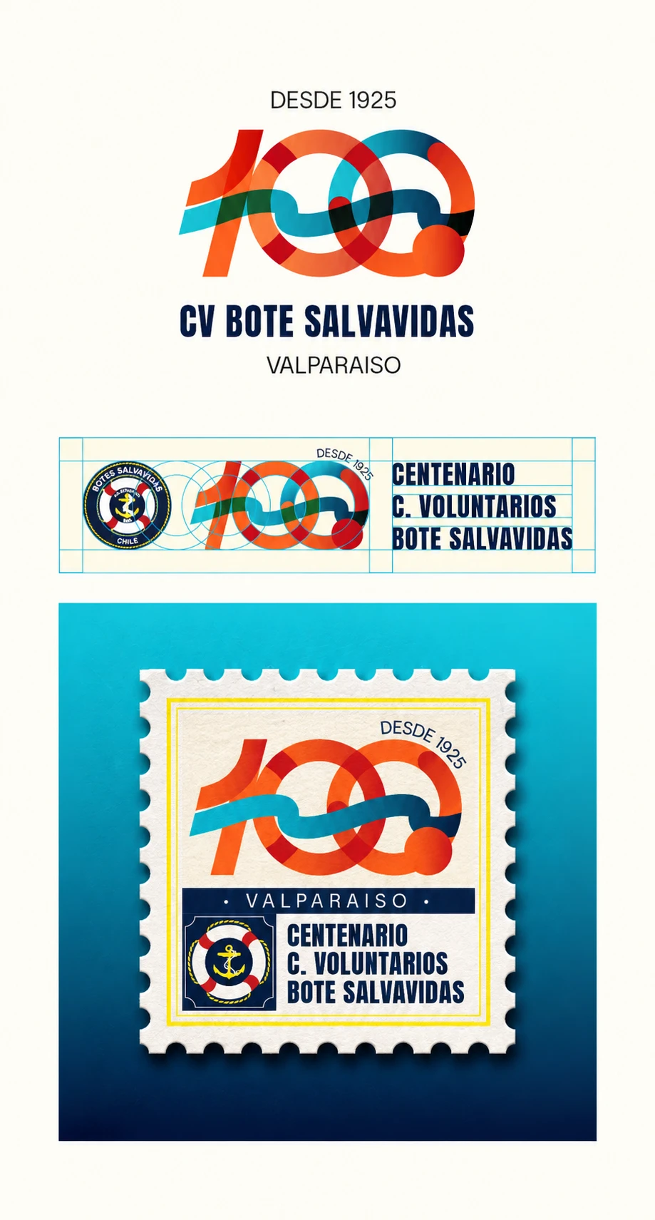 Logotipo conmemorativo del centenario de los Botes Salvavidas: el número 100 en naranja, rojo y azul, con la leyenda Desde 1925 y el nombre CV Bote Salvavidas Valparaíso.