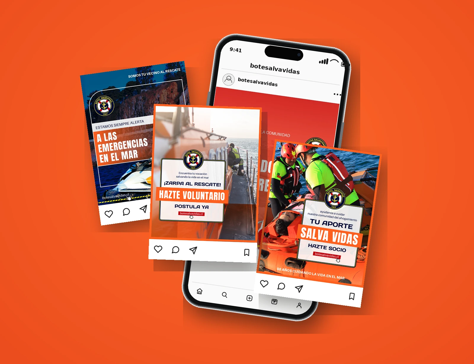Mockup de Instagram de Botes Salvavidas con tres piezas para redes: alertas en el mar, voluntariado y socios.