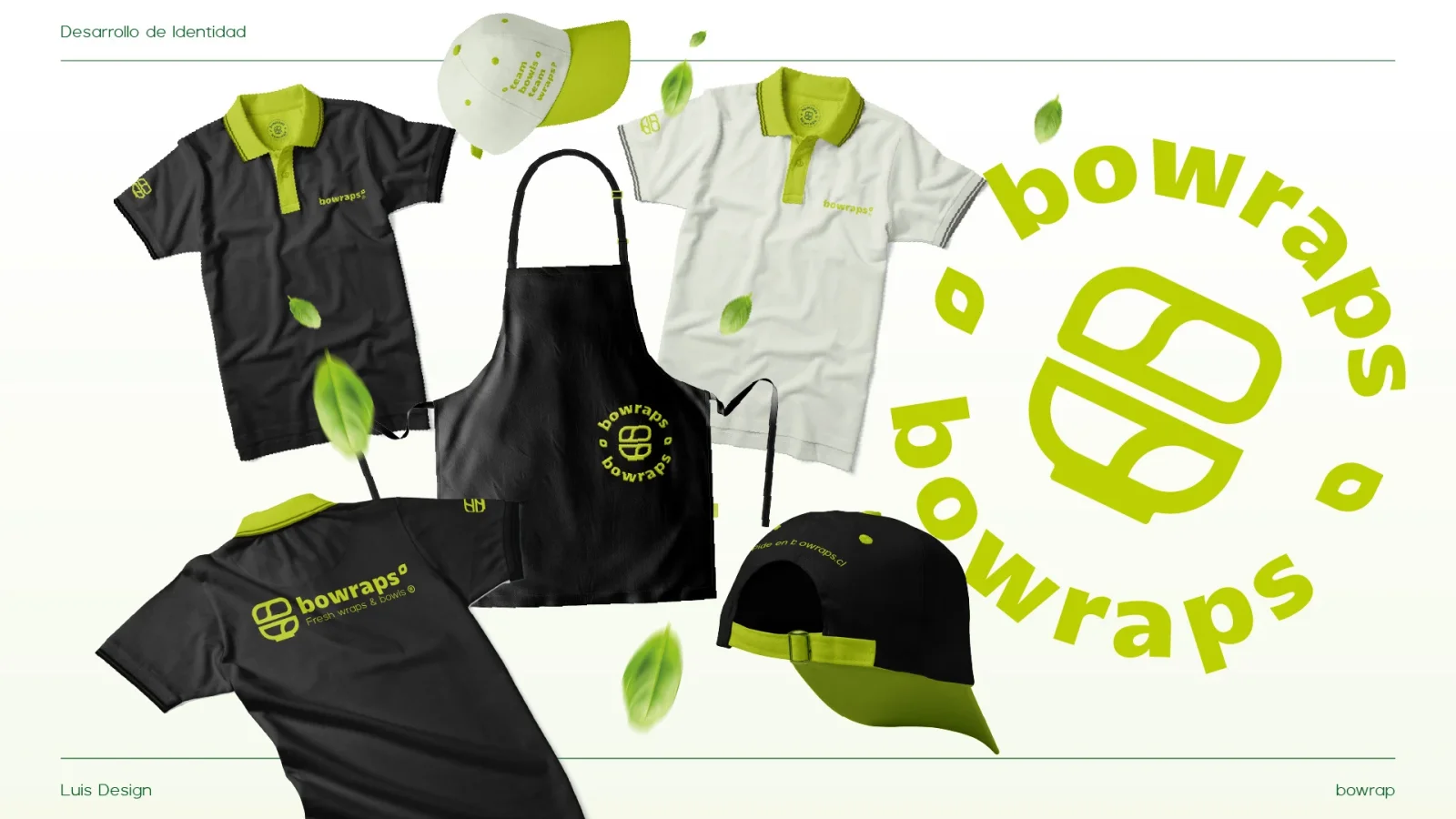 Mockups de uniformes, delantal y gorras con el logotipo de Bowraps en verde lima.