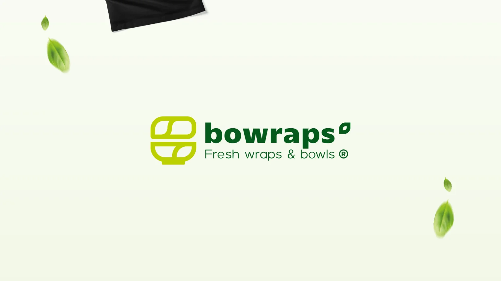 Logotipo horizontal de Bowraps con el eslogan Fresh wraps & bowls sobre fondo claro.