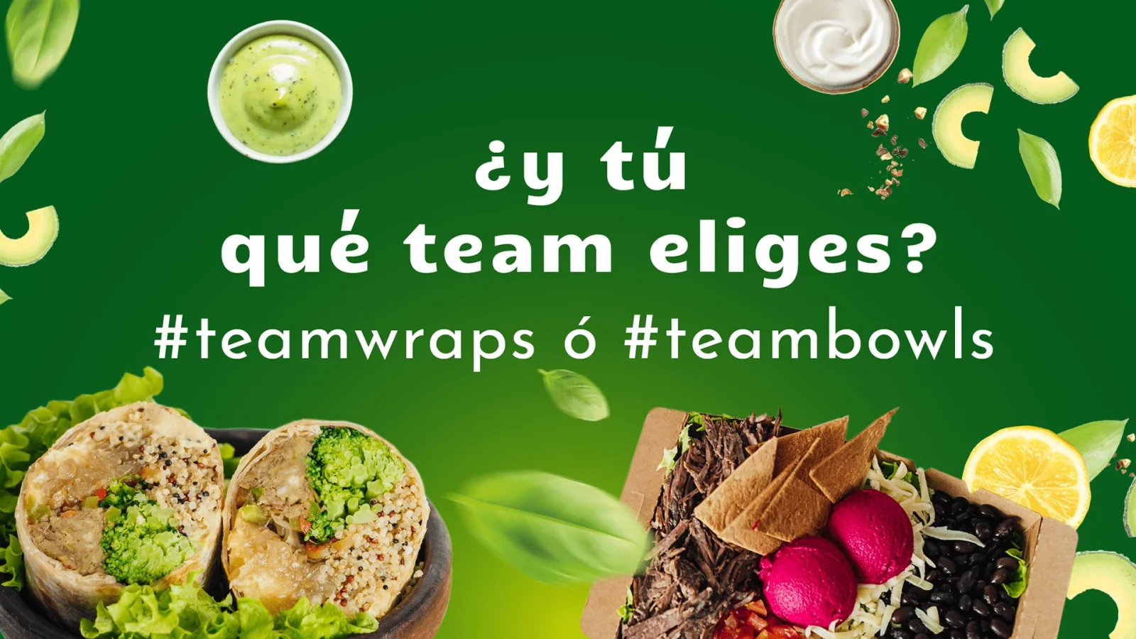 Pieza gráfica de Bowraps con la pregunta «¿y tú qué team eliges?» y los hashtags #teamwraps y #teambowls.