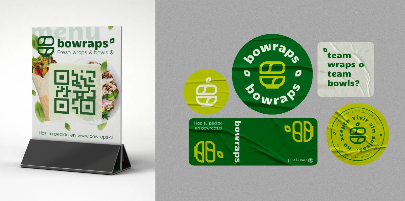 Piezas de Bowraps: menú con código QR, stickers y etiquetas con el eslogan «team wraps o team bowls?».