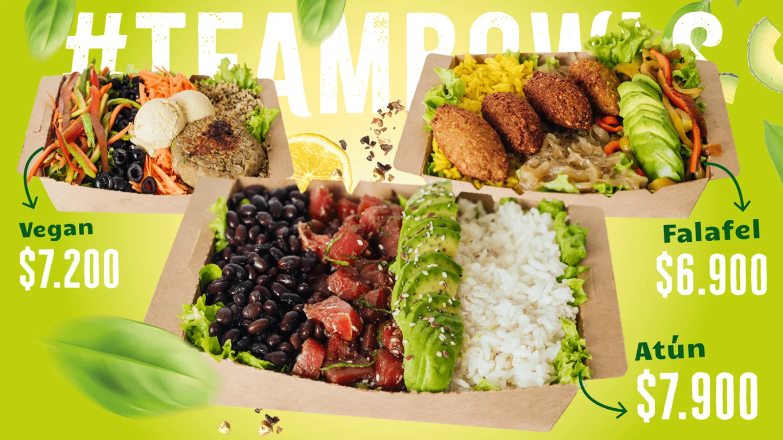 Menú de Bowraps con bowls de vegan, falafel y atún, con sus precios.