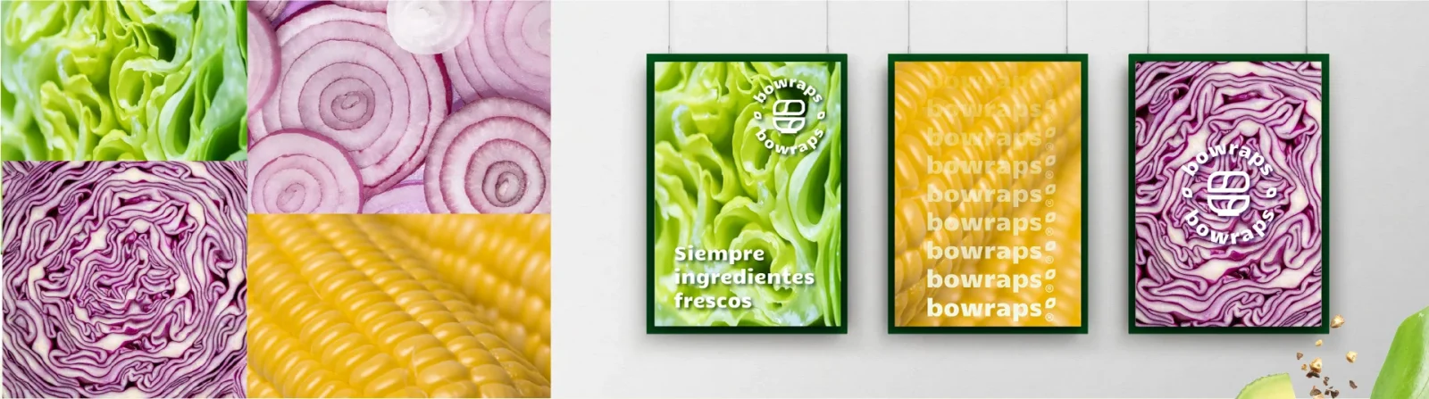 Fotografías de verduras frescas usadas en la línea gráfica de Bowraps.