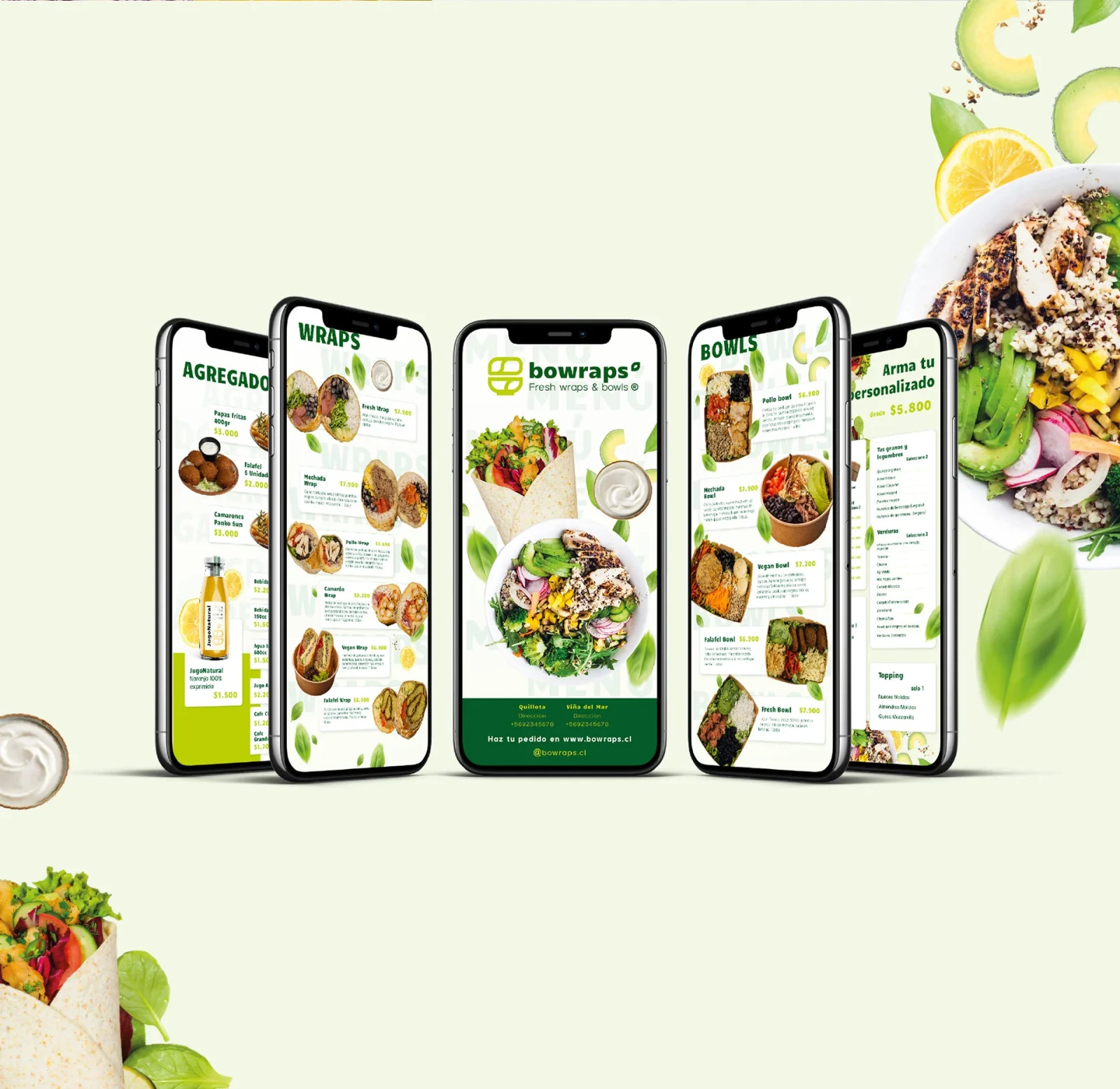 Menús digitales de Bowraps para teléfono: wraps, bowls, agregados y arma tu personalizado.