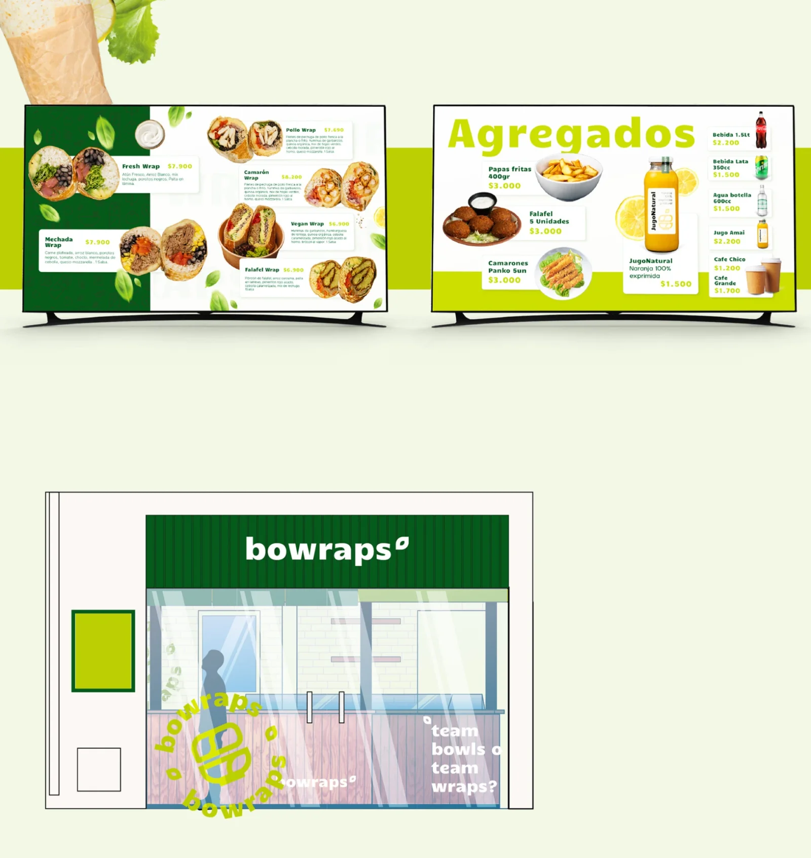 Pantallas del local de Bowraps con el menú de wraps y de agregados.