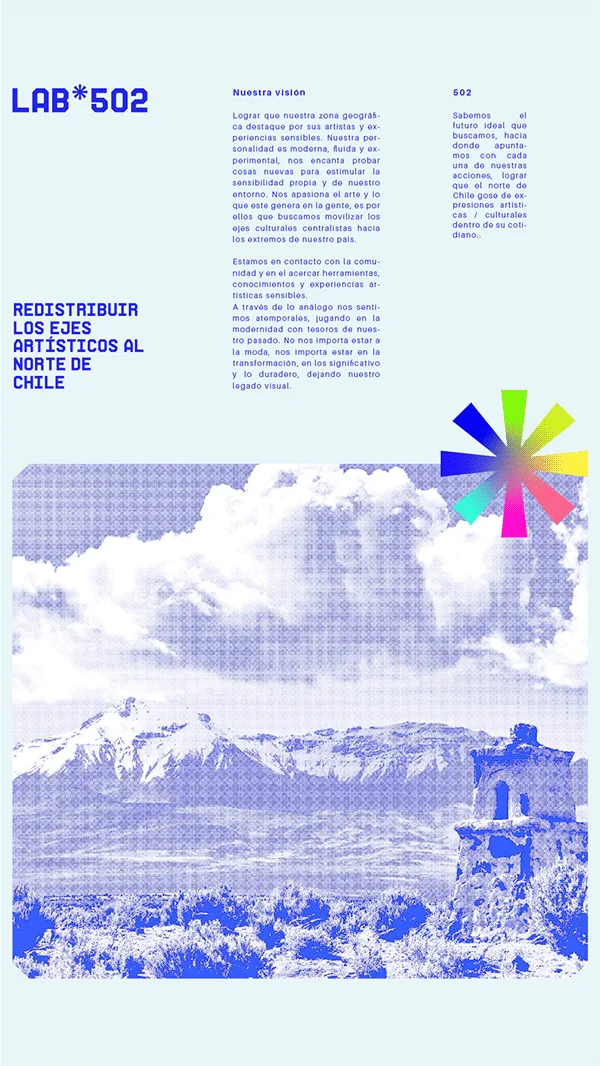 Página de visión de LAB*502 con la frase «Redistribuir los ejes artísticos al norte de Chile» sobre una fotografía del norte.