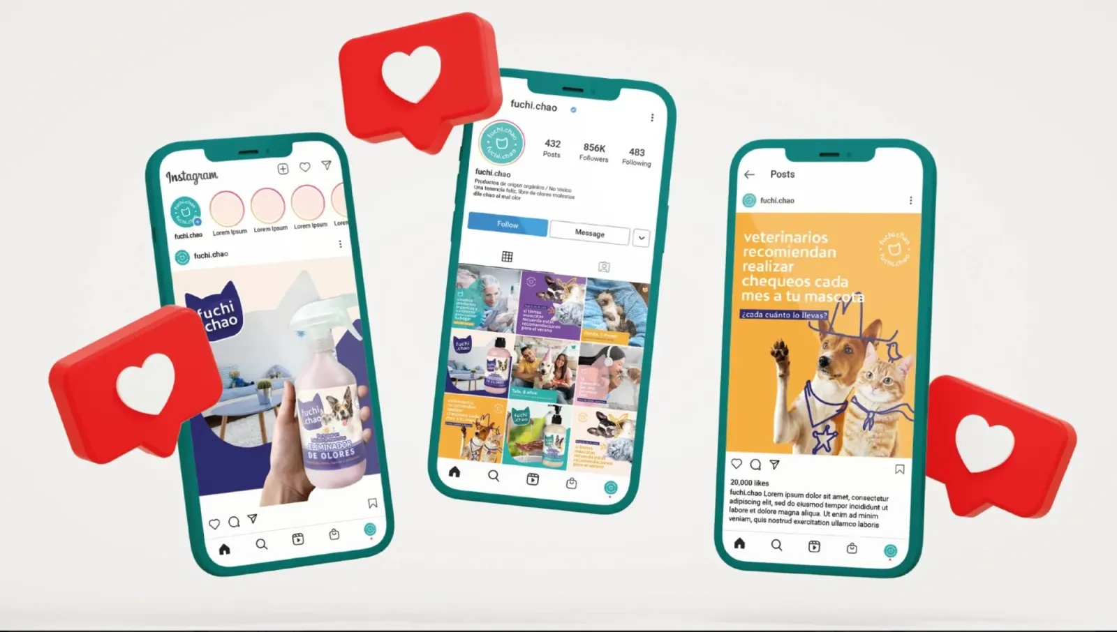 Tres teléfonos con el perfil y publicaciones de Instagram de Fuchi Chao.