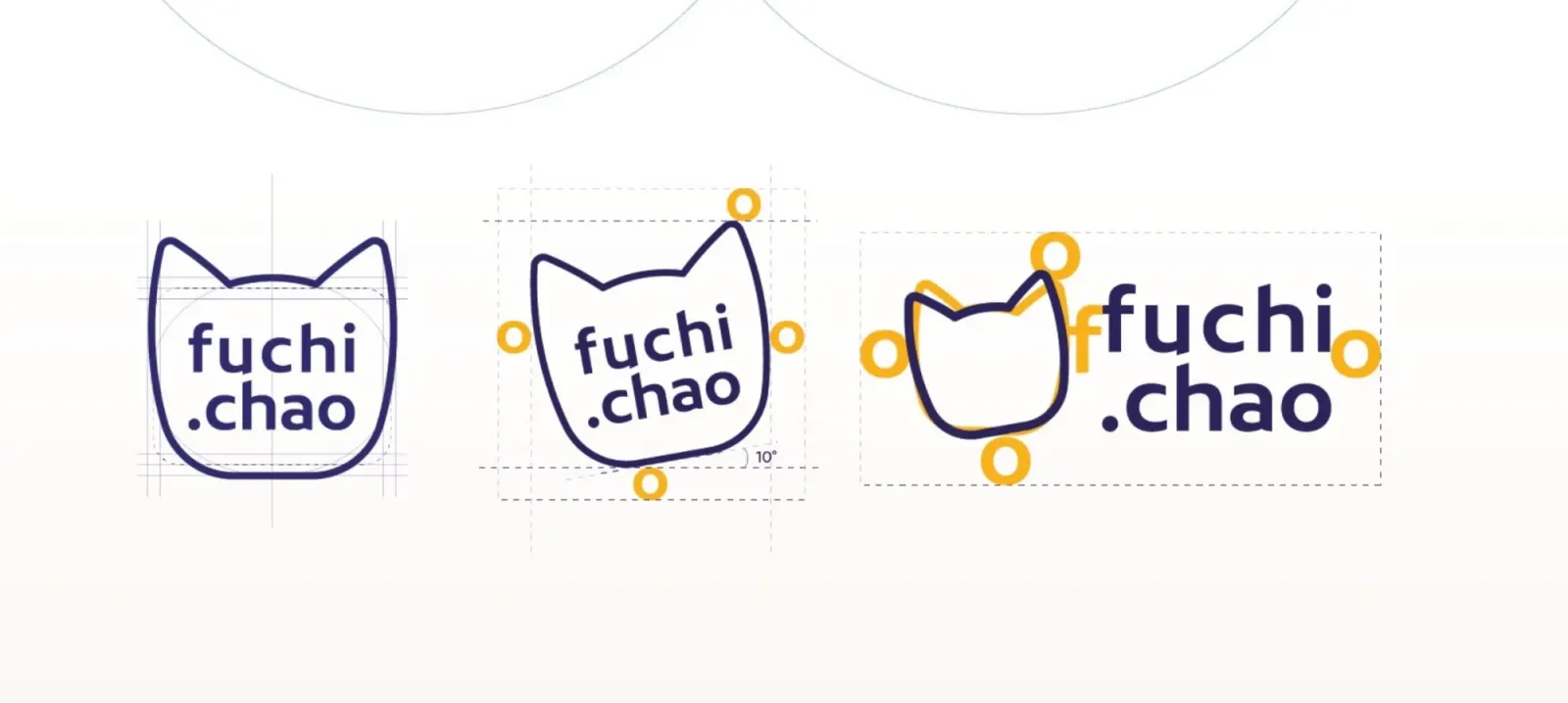 Construcción del logotipo de Fuchi Chao en tres versiones con su área de resguardo.