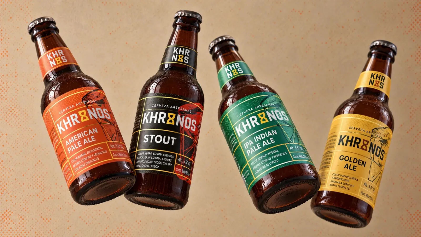 Cuatro botellas de Cerveza Khronos flotando: American Pale Ale, Stout, IPA y Golden Ale.