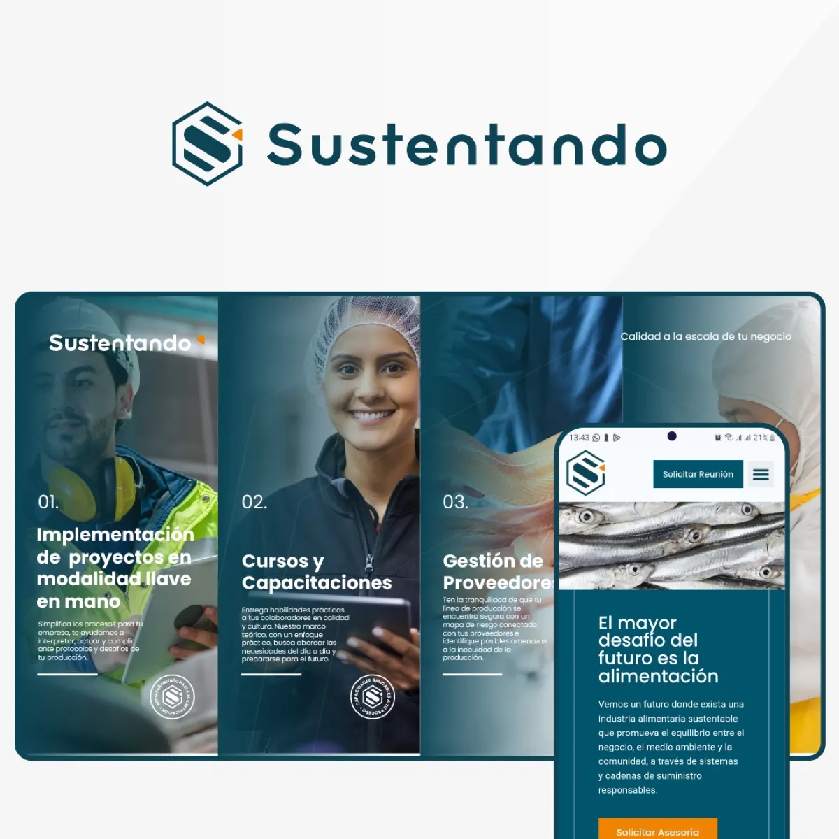 Logotipo de Sustentando sobre piezas gráficas y el sitio web en un teléfono.
