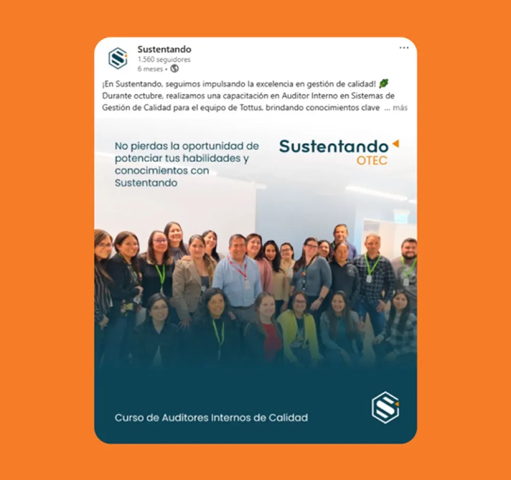 Publicación de Sustentando en LinkedIn sobre un curso de auditores internos de calidad.