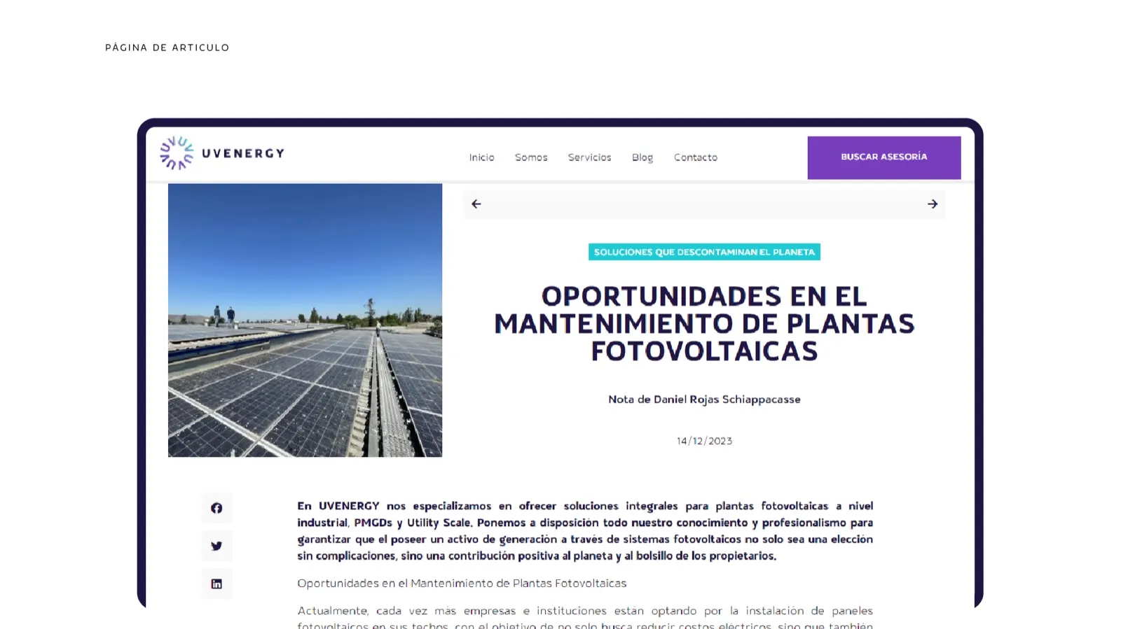 Página de artículo del sitio web de Uvenergy sobre el mantenimiento de plantas fotovoltaicas.