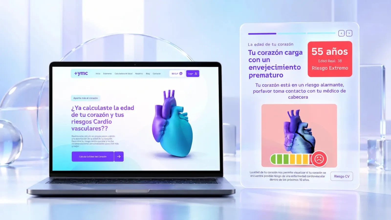 Sitio de Yomecontrolo en un portátil junto a la tarjeta de resultado de la calculadora de edad del corazón.