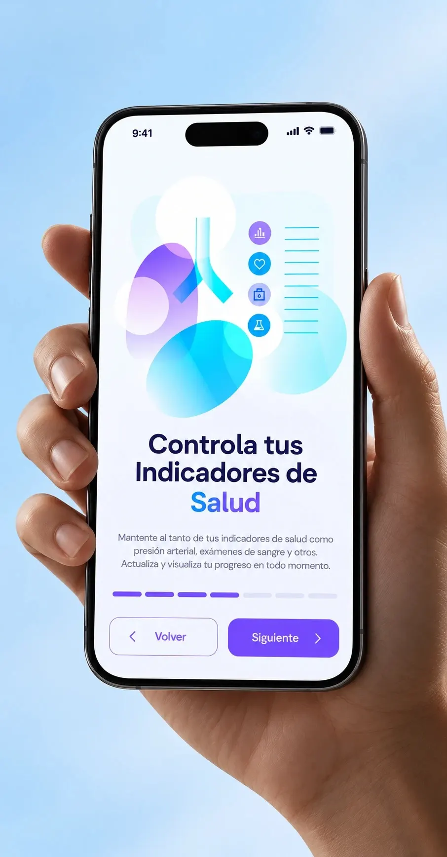 Teléfono con la pantalla “Controla tus indicadores de salud” de la web app de Yomecontrolo.